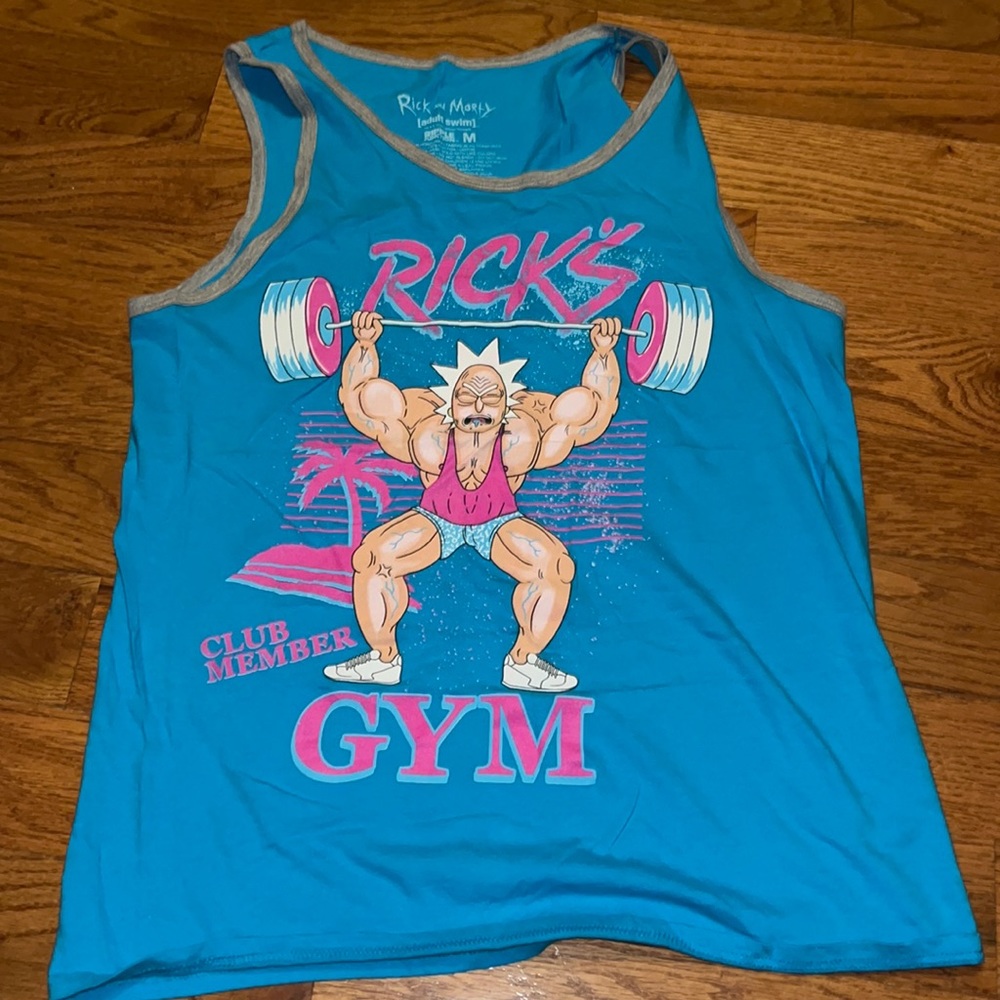 RICK & MORTY adult swim RICKS GYM NEON teal  BEACH T-SHIRT TANK TOP size M